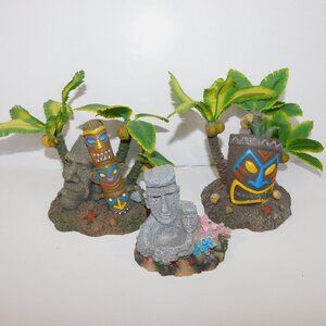 Set 3 Aquarium Fish Tank Decore Ornament Decorations Tahiti Village Moai Head
